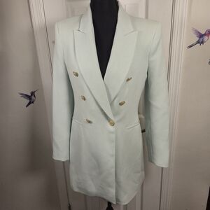 NWT Zara Long Double Breasted Blazer Dress Mint Green Gold Button S